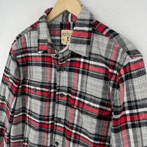 RED HEAD Shirt Mens L Flannel Utility Button Up Long Sleeve Cotton Red Gray